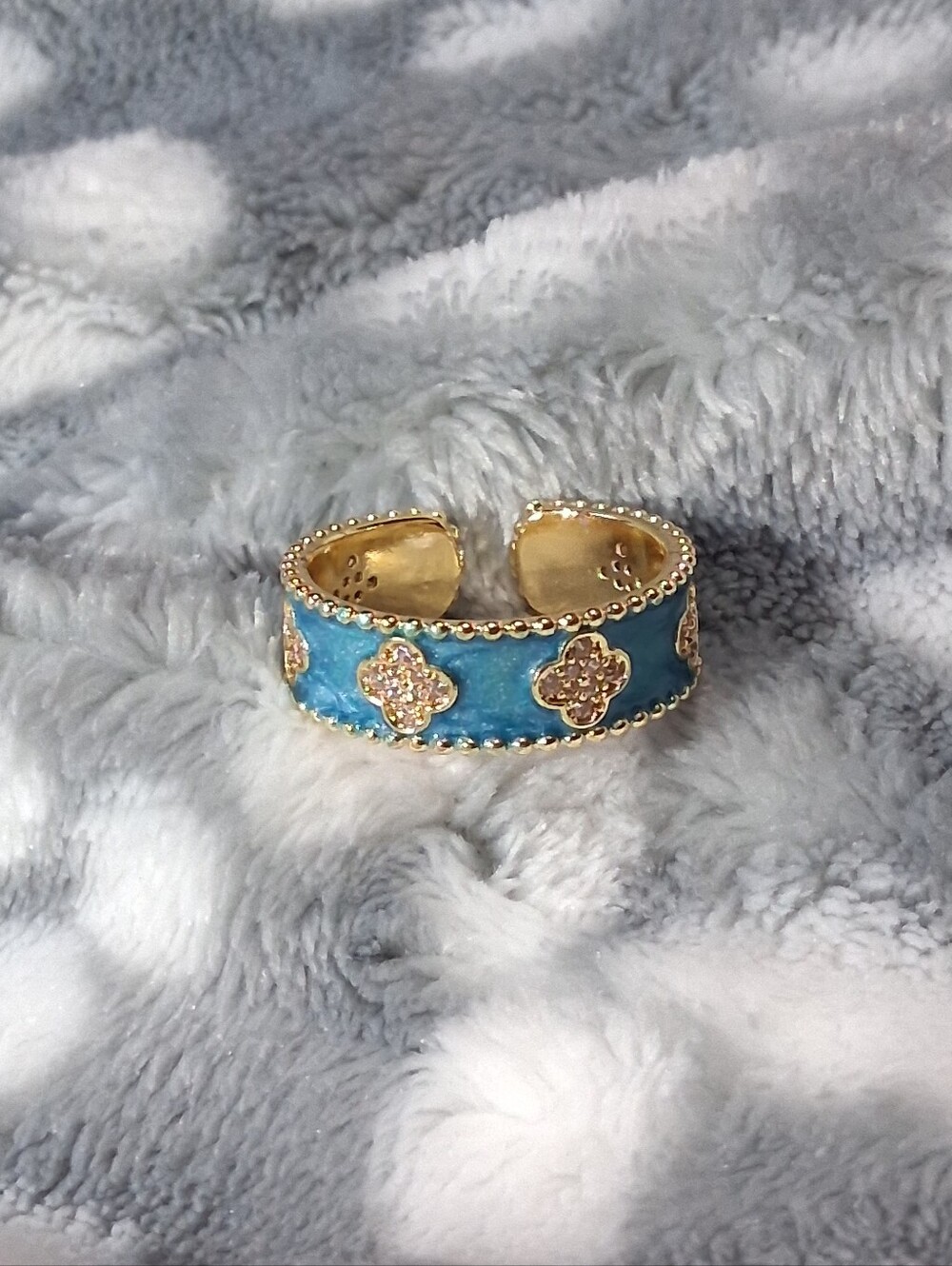 Gold-Tone Teal Enamel Open Cuff Adjustable Ring - Women Jewelry